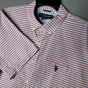 US Polo‎ Assn Men's Dress Shirt horizontal stripes pink and blue Size Large pony